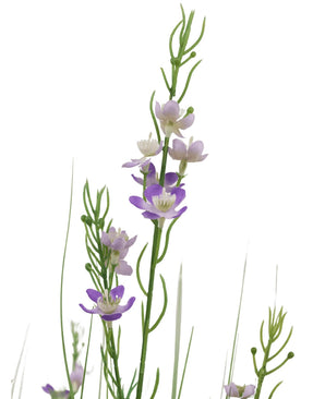 Il vaso da 90 cm di erba artificiale con cipolle e miglio ignifugo ha alti steli verdi con foglie sottili e piccoli fiori viola e bianchi a cinque petali sparsi lungo gli steli, splendidamente esposti su uno sfondo bianco.