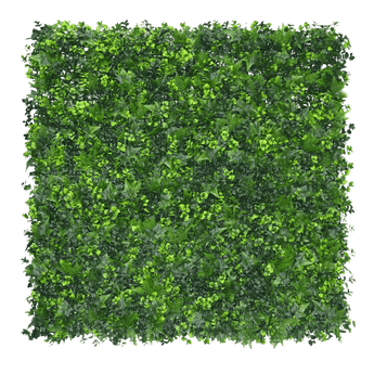 De Kunsthaag mat mix 50x50 cm heeft dicht, kunstmatig groen gebladerte in verschillende tinten, netjes gerangschikt om een levendig greenwall effect te creëren tegen een effen witte achtergrond.