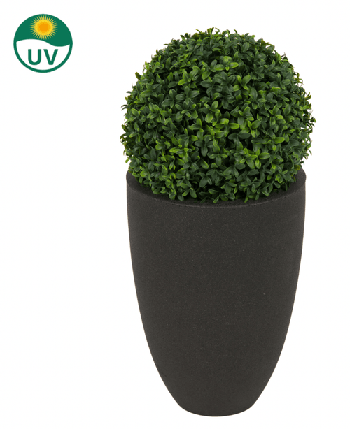 Pianta artificiale Bosso stile romano UV D30cm: una forma d'arte rotonda in un vaso alto nero, con protezione UV (simbolo in alto a sinistra).