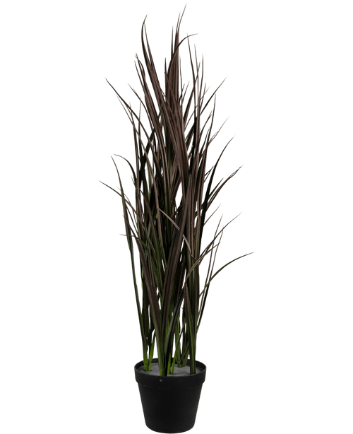 L'erba artificiale Bordeaux UV 90 cm è una pianta artificiale alta con foglie lunghe e strette, di colore verde scuro e marrone, che si ergono verticalmente in un vaso nero, su uno sfondo bianco semplice.