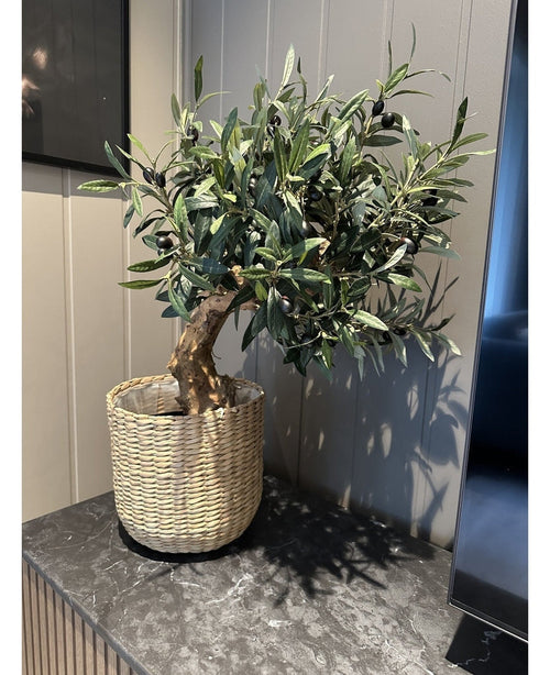 Il supporto per olivo artificiale UV da 60 cm, con foglie verdi e olive nere, si trova in un cestino intrecciato su una superficie di marmo scuro contro una parete con pannelli chiari: facile da mantenere e resistente ai raggi UV per una bellezza duratura.