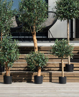 Verschillende Kunst olijfbomen 85 cm UV staan op houten treden bij de patio, met zwarte stoelen en een glazen deur erachter. Deze UV-bestendige kunstplanten voegen groen toe aan de ruimte en vragen minimale verzorging.