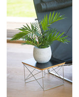 Een Kunstpalm Parlour UV 60 cm staat in een pot op een klein modern bijzettafeltje met een zwart blad en metalen draadpoten, naast een zwarte stoel op een lichte houten vloer.
