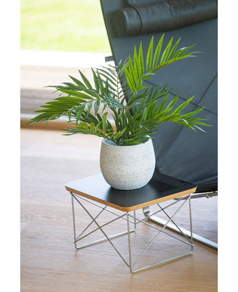 Een Kunstpalm Parlour UV 60 cm staat in een pot op een klein modern bijzettafeltje met een zwart blad en metalen draadpoten, naast een zwarte stoel op een lichte houten vloer.