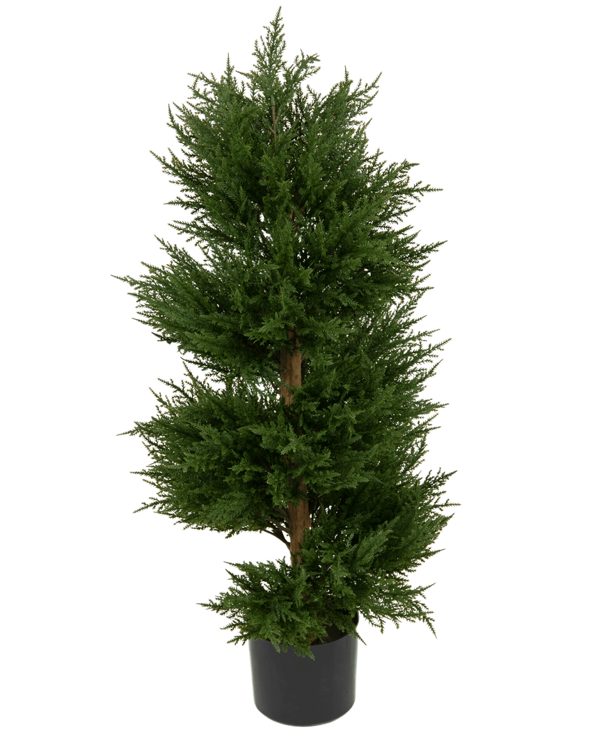 La pianta artificiale Conifer Spiral UV 90 cm ha foglie verdi e dense disposte in un'elegante spirale e viene fornita in un elegante vaso di plastica nera su uno sfondo bianco. Questo cipresso artificiale trattato con raggi UV e resistente agli agenti atmosferici è progettato per mantenere il suo aspetto vibrante sia all'interno che all'esterno.