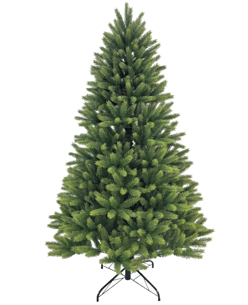L'albero di Natale artificiale "Ask" 100% PE ha rami verdi fitti e distribuiti uniformemente, realizzati con veri aghi di PE. Si trova su un supporto di metallo nero ed è raffigurato su un semplice sfondo bianco.