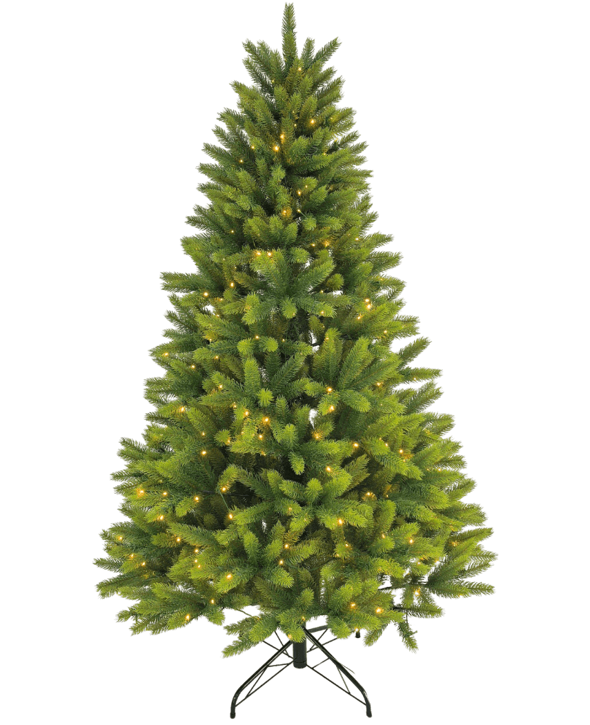 L'albero di Natale artificiale "Ask" 100% PE - Smart LED ha rami tattili, illuminazione bianca calda incorporata e si erge su un supporto in metallo nero su uno sfondo bianco semplice.