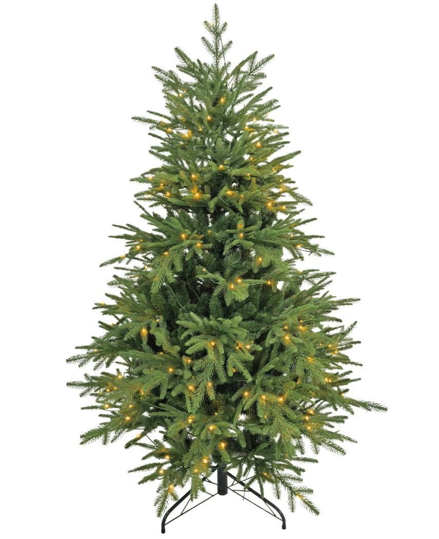 L'albero di Natale artificiale "Åsmund" PE/PVC - Smart LED è un albero artificiale verde con supporto in metallo nero, dotato di piccole luci bianche calde distribuite uniformemente e senza ornamenti o puntale.