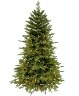 De Kunstkerstboom "Ibsen" PE/PVC - Smart LED staat op een zwarte metalen voet tegen een witte achtergrond, zijn weelderige groene takken gevuld met kleine warmwitte lampjes en zonder extra kerstversiering of ornamenten.