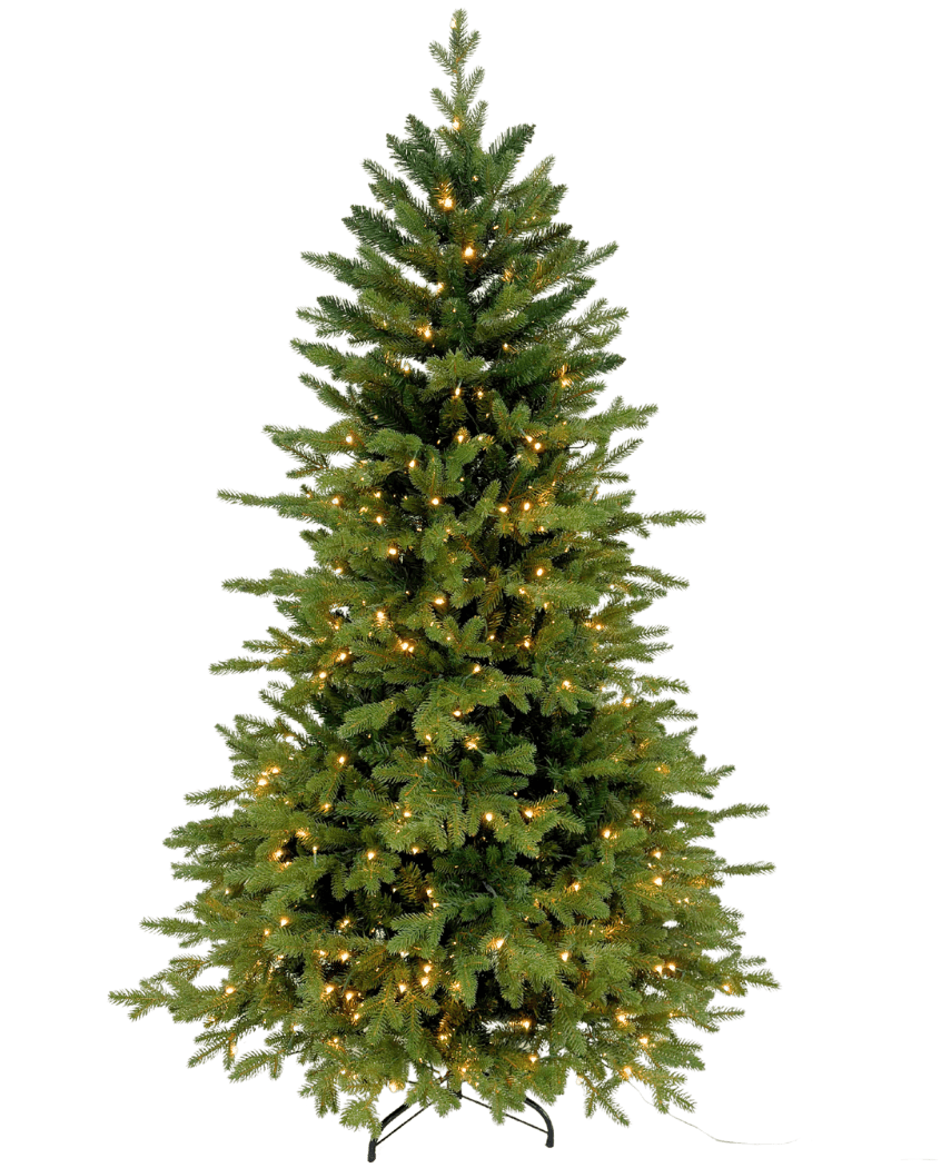 L'albero di Natale artificiale "Ibsen" PE/PVC - Smart LED poggia su una base in metallo nero su sfondo bianco, i suoi rami verdi lussureggianti sono pieni di piccole luci bianche calde e senza decorazioni o ornamenti natalizi aggiuntivi.