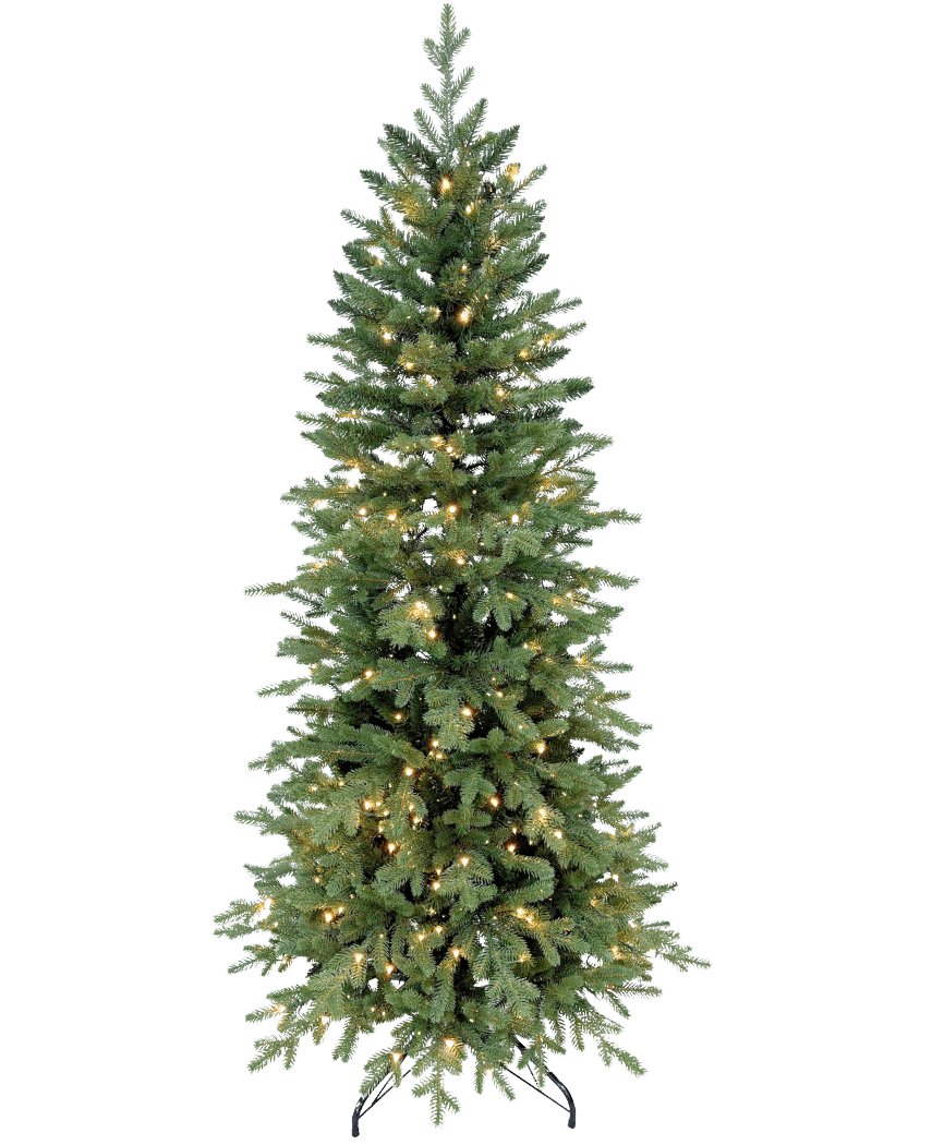 L'albero di Natale artificiale Slim "Undset" 100% PE - Smart LED ha foglie vere e proprie, luci bianche calde integrate e un supporto in metallo nero, raffigurato su un semplice sfondo bianco.