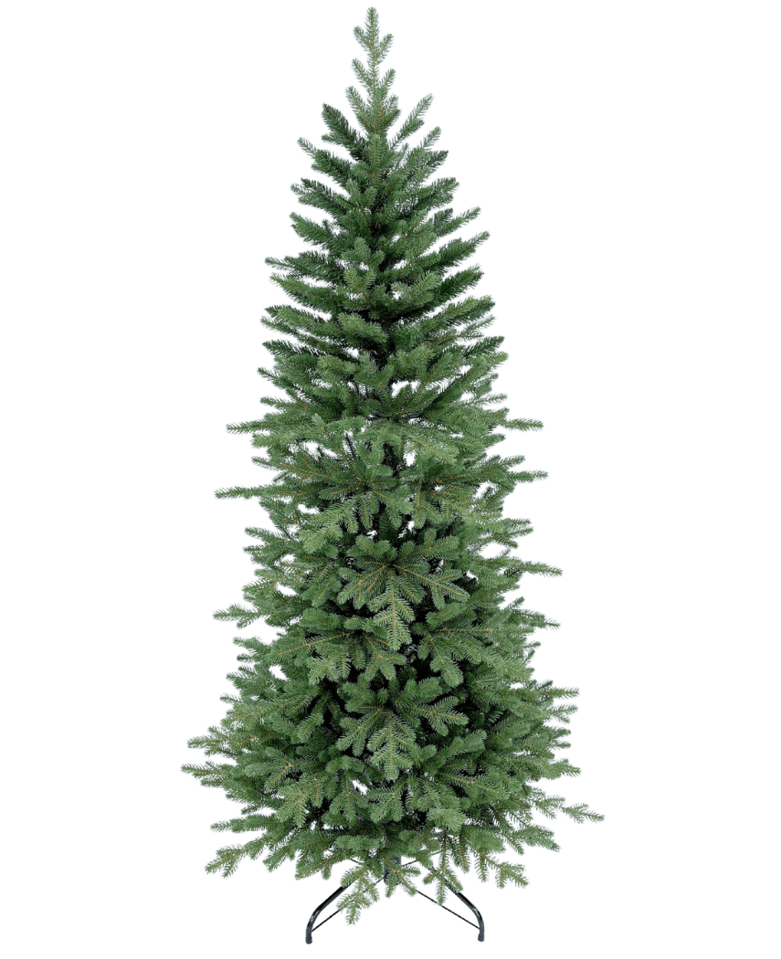 L'albero di Natale artificiale Slim "Undset" PE/PVC è un albero artificiale alto e simmetrico con rami verdi fitti e realistici. Si erge senza decorazioni su un supporto di metallo nero su un semplice sfondo bianco.