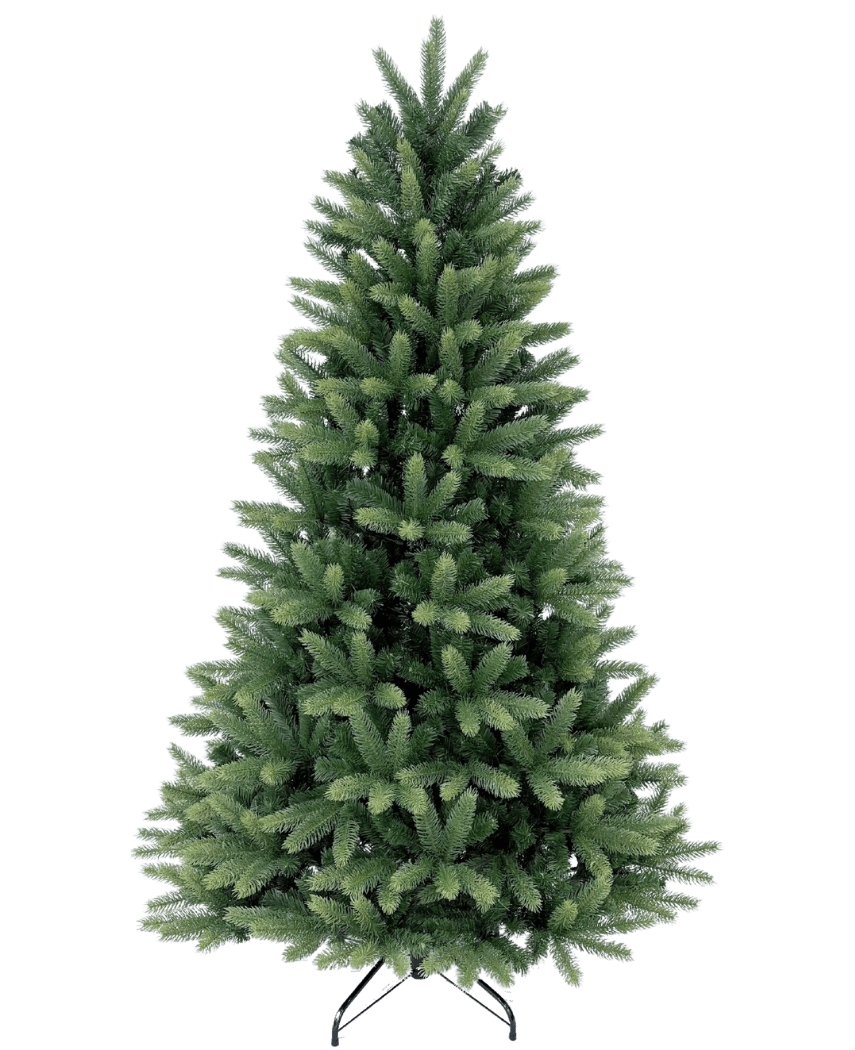 L'albero di Natale artificiale "Weideman" in PE/PVC è pieno e verde su un supporto in metallo su uno sfondo bianco, pronto per esporre le tue decorazioni natalizie preferite.