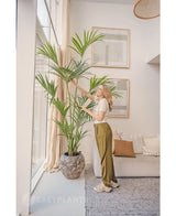 In een lichte woonkamer staat een vrouw naast de Kunstpalm Kentia 220 cm, terwijl ze zachtjes de bladeren aanraakt. Het tropische interieur heeft een lichte bank met kussens, ingelijste muurkunst en grote ramen die natuurlijk licht binnenlaten.