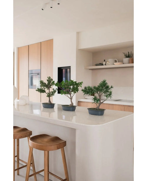 Una pianta artificiale bonsai ginepro da 40 cm si trova su un'isola da cucina bianca con due sgabelli in legno, circondata da armadietti in legno chiaro, piani di lavoro bianchi e un arredamento minimalista.