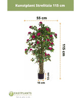 Kunstplant Bougainvillea Liana Fuchsia, 115 cm hoog en 55 cm breed, met fuchsiaroze bloemen in pot (pot: 13 cm hoog, Ø15 cm) voor een mediterrane sfeer. EASYPLANTS logo en tekst onderaan.