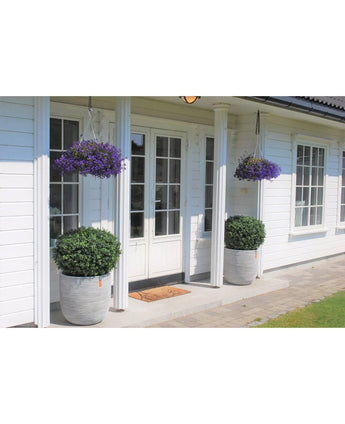 Witte huisentree met dubbele glazen deuren, twee Kunstplant Buxus op stam romeinse stijl 85cm plantenbakken aan weerszijden, groene struiken en hangende paarse bloemenmanden boven elk. De veranda heeft een deurmat en stenen treden.