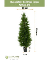 Kunstplant Conifeer toren UV 120 cm: 120 cm hoog, 60 cm breed in een zwarte pot (18x14 cm) met UV bescherming. Perfect als kunstplant voor het balkon. Groene tekst bovenaan en Easyplants logo onderaan.
