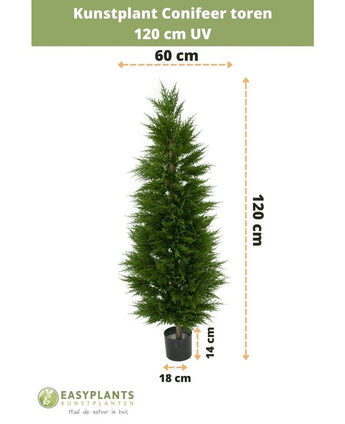 Kunstplant Conifeer toren UV 120 cm: 120 cm hoog, 60 cm breed in een zwarte pot (18x14 cm) met UV bescherming. Perfect als kunstplant voor het balkon. Groene tekst bovenaan en Easyplants logo onderaan.