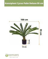Kunstplant Cycus Palm Deluxe 95 cm in zwarte pot (potmaat: 14x13 cm), onderdeel van de kunstpalm en palmbomen collectie. Afmetingen plant: 95 cm hoog, 100 cm breed. Easyplants logo en producttitel zichtbaar boven- en onderaan.