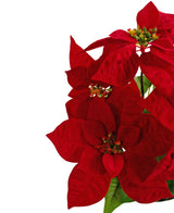 De Kunstplant Kerstster 44 cm rood heeft helderrode kerststerbloemen met groene harten en bladeren, aan de rechterkant tegen een effen witte achtergrond.