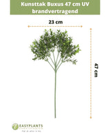 Kunsttak Buxus 47 cm UV brandvertragend, 23 cm breed, met groene kunststof blaadjes op meerdere takken. Specificaties en afmetingen in het Nederlands, met EasyPlants branding onderaan.