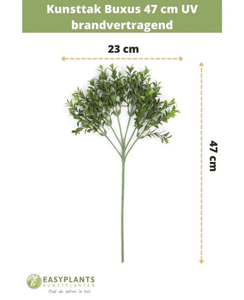 Kunsttak Buxus 47 cm UV brandvertragend, 23 cm breed, met groene kunststof blaadjes op meerdere takken. Specificaties en afmetingen in het Nederlands, met EasyPlants branding onderaan.