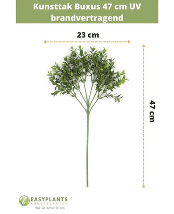 Kunsttak Buxus 47 cm UV brandvertragend, 23 cm breed, met groene kunststof blaadjes op meerdere takken. Specificaties en afmetingen in het Nederlands, met EasyPlants branding onderaan.