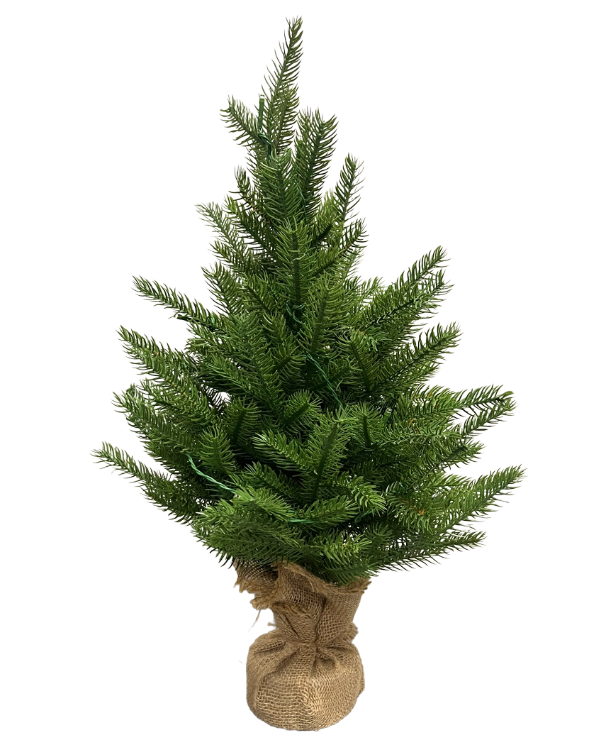 L'albero di Natale artificiale Mini "Munchi" 60 cm 100% PE - Smart LED è un piccolo albero di Natale artificiale verde con aghi real-touch, una base rivestita in iuta e sta in piedi su un semplice sfondo bianco.