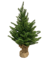 De Kunstkerstboom Mini "Munchi" 60 cm 100% PE - Smart LED is een kleine groene kunstkerstboom met real-touch naalden, een met jute omwikkelde voet en staat rechtop tegen een effen witte achtergrond.