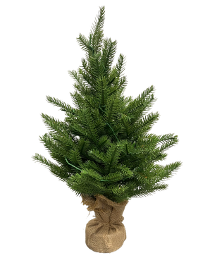 De Kunstkerstboom Mini "Munchi" 60 cm 100% PE - Smart LED is een kleine groene kunstkerstboom met real-touch naalden, een met jute omwikkelde voet en staat rechtop tegen een effen witte achtergrond.