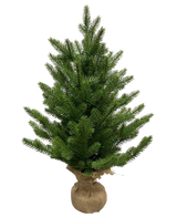 De Kunstkerstboom Mini "Lillemor" 60 cm, gemaakt van 100% PE met dichte groene takken en een eersteklas 'real touch'-gevoel, is verpakt in jute en wordt afgebeeld tegen een effen witte achtergrond.