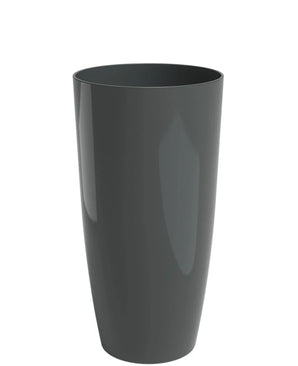 Een hoge, glanzende, donkergrijze Plantenbak Santorini (Ø27cm x H40cm) met een glad oppervlak staat tegen een effen witte achtergrond.
