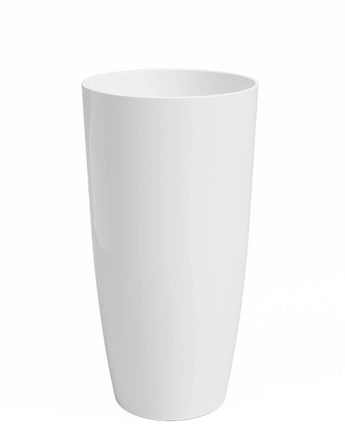 De Plantenbak Santorini is een hoge, witte, cilindervormige vaas (Ø27cm x H40cm) met een gladde, glanzende afwerking. De vaas staat rechtop tegen een effen witte achtergrond.