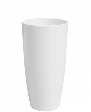 De Plantenbak Santorini is een hoge, witte, cilindervormige vaas (Ø27cm x H40cm) met een gladde, glanzende afwerking. De vaas staat rechtop tegen een effen witte achtergrond.