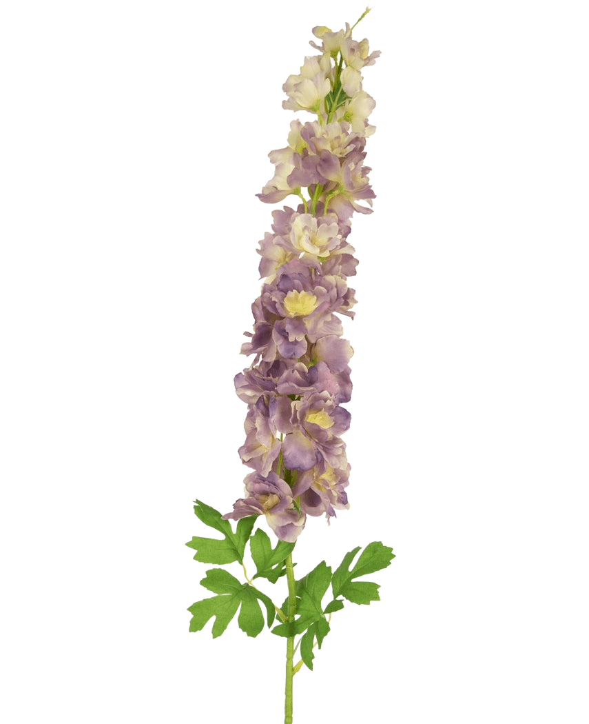 Il fiore artificiale Delphinium 105 cm lilla è uno stelo artificiale di fiori delphinium viola chiaro e crema con foglie verdi, su sfondo bianco.