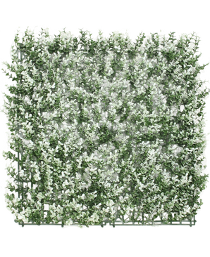 La Siepe Artificiale Bosso Bianca 50x50 cm UV è un pannello quadrato in bosso artificiale con piccole foglie dalla punta bianca su griglia in plastica, raffigurate su sfondo bianco.
