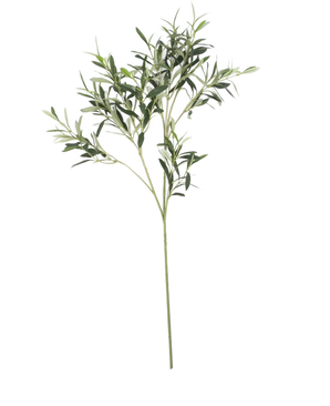 La foglia di olivo artificiale 90 cm UV, con sottili foglie verdi e un lungo stelo, si staglia su uno sfondo bianco per una delicata atmosfera mediterranea.
