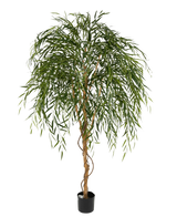 Il salice artificiale da 210 cm è un albero artificiale alto con foglie verdi sottili e pendenti e un tronco marrone contorto su uno sfondo bianco semplice.