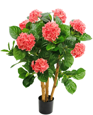 L'ortensia artificiale UV rosa da 85 cm ha steli multipli, ampie foglie verdi e fiori di ortensia rosa in un vaso nero, che fornisce un contrasto vivace e un aspetto realistico.
