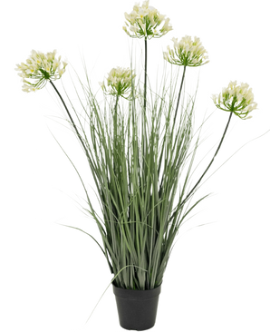 L'erba artificiale bianca Agapanthus cipolla erba vaso 90 cm ignifuga è una pianta artificiale in vaso con alte foglie verdi e sei mazzi di piccoli fiori giallo chiaro su lunghi steli, su uno sfondo bianco semplice.