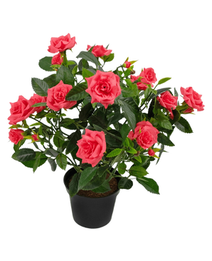 La pianta artificiale Mini Rose UV 35 cm ha un vaso nero riempito con una rigogliosa pianta di rose artificiali con molteplici rose rosa in fiore e foglie verdi su uno sfondo bianco.