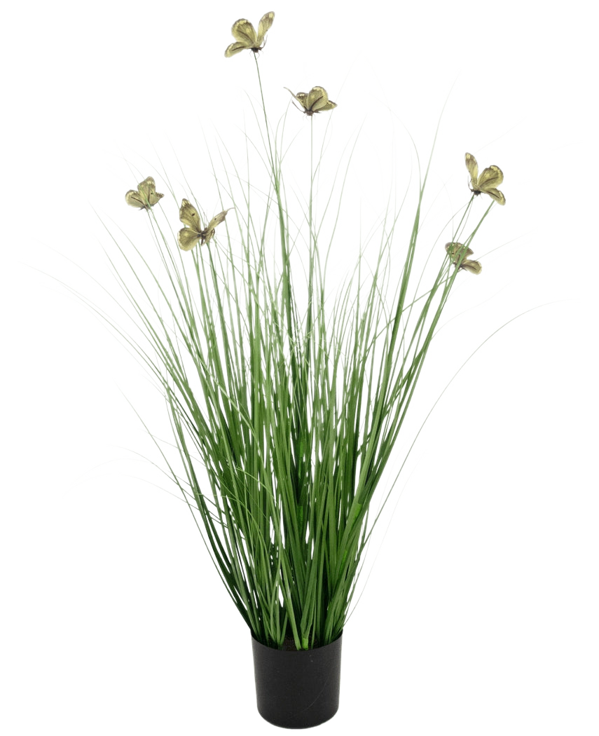 L'erba artificiale farfalla cipolla cipolla vaso ignifugo da 90 cm ha lunghe e sottili foglie di erba artificiale verde e fiori giallastri su lunghi steli, presentati in un vaso su un semplice sfondo bianco.