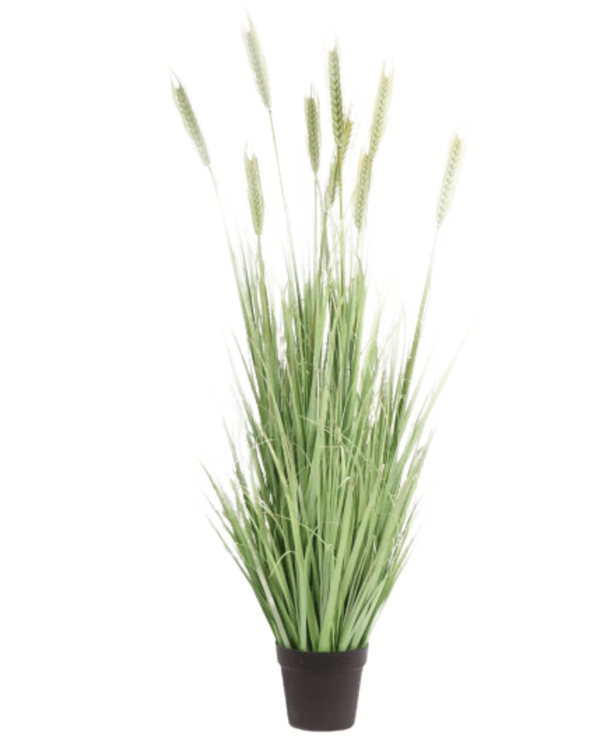 La pianta di erba artificiale verde ignifuga da 150 cm ha fili verdi alti e sottili e steli simili a grano, che forniscono un aspetto naturale agli interni. Questa pianta di erba artificiale si trova su uno sfondo bianco semplice.
