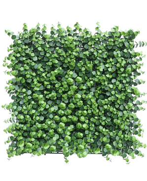 De Kunsthaag Eucalyptus 50x50 cm UV is een dicht, vierkant kunstpaneel met groene bladeren in een rasterdesign, dat een stijlvolle bladerwand vormt tegen een effen witte achtergrond.