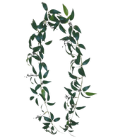 De Kunst Smilax Slinger 180cm is een krans in de vorm van de letter O, gemaakt van lange groene bladertakken met kleine trosjes donkere bessen tegen een effen witte achtergrond.