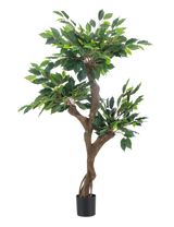 De Kunstplant Ficus Crazy 120 cm is een hoge kunstboom in pot met meerdere bruine stammen en dicht groen blad, afgebeeld tegen een effen witte achtergrond.