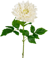 Un Kunst Georgine Real Touch bianco da 70 cm presenta una realistica dalia bianca singola con petali a strati e foglie verdi seghettate su un lungo stelo, su uno sfondo bianco semplice.