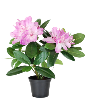 La pianta artificiale rododendro da 34 cm ha foglie verdi vivaci e mazzi di fiori rosa chiaro in un piccolo vaso nero, su uno sfondo bianco a tinta unita.