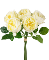 Il bouquet di rose artificiali "Carmen" Real Touch Cream bianco 36 cm è composto da sei rose artificiali giallo chiaro con foglie verdi e steli legati insieme, su uno sfondo bianco.